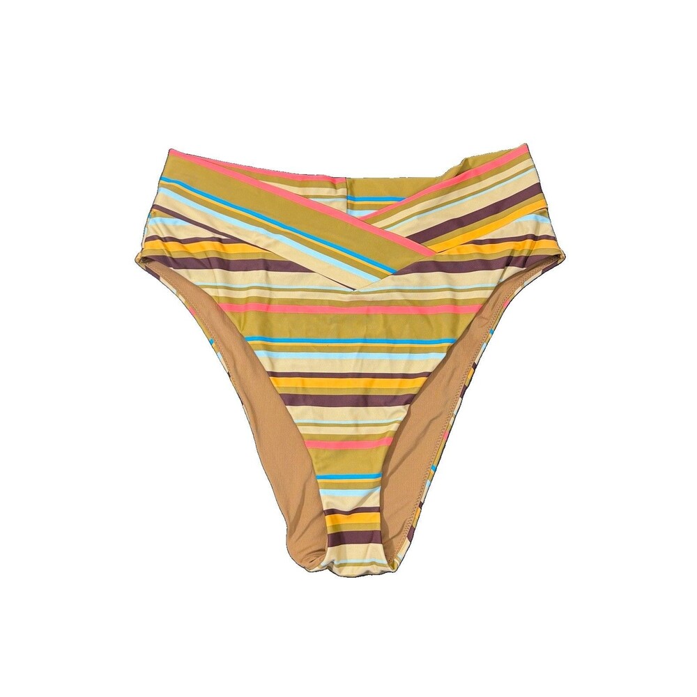 Aerie Swim High-Cut Cheeky Crossover Bikini Bottom Multicolor Stripe Size XL NWT